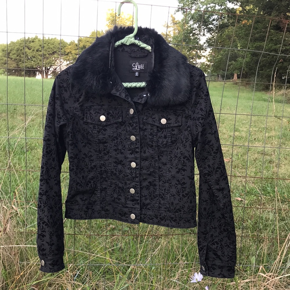 Beautiful Luii rabbit fur collar (removable) black print jacket